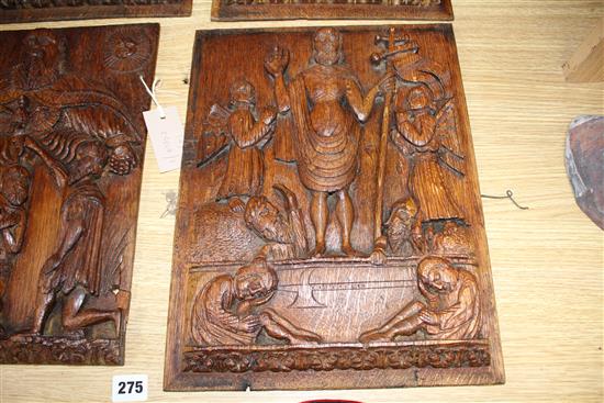 A set of four 19th century Continental relief carved oak religious plaques, depicting biblical scenes, 38 x 29cm